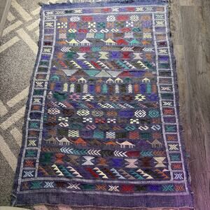 Vintage Handmade Indian Wool Kilim Flatweave Rug Wall Hanging Tribal Blue 57X38”